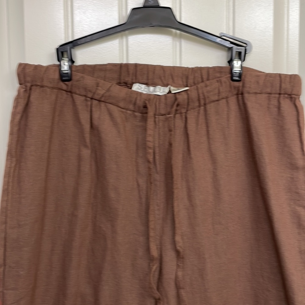 Selene Sport drawstring Pants brown XL Wide Leg bead design linen blend - Picture 2 of 6